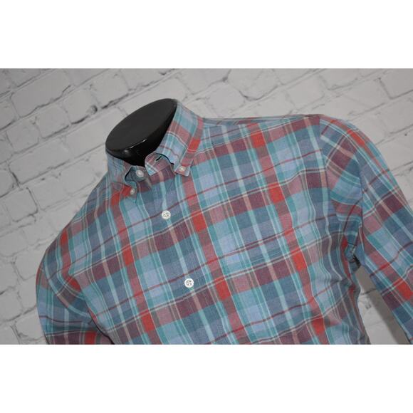 J Crew Dress Shirt Button Up Mens Size Medium Heathered Blue Plaid Cotton - Picture 1 of 6